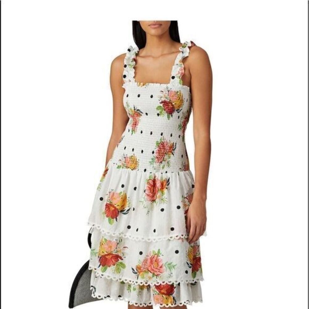FARM RIO Anthropologie Floral Tiered Crepe White Nanaju Dress XSMALL